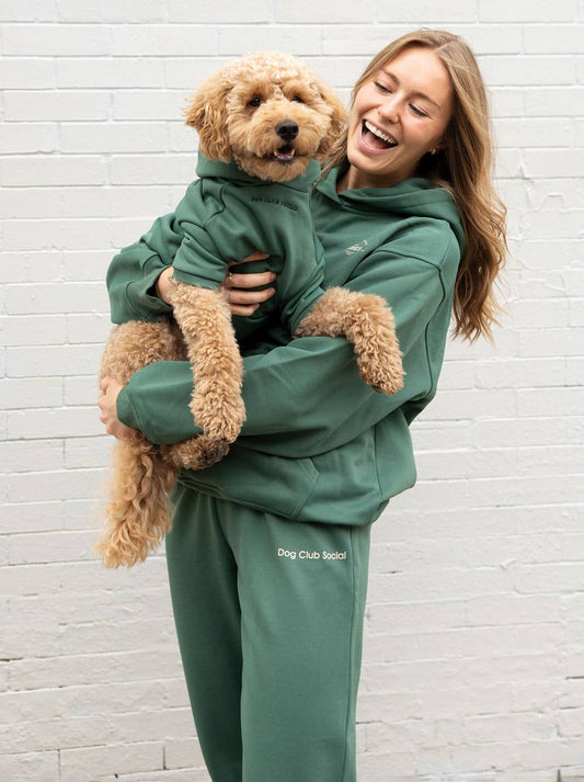 Dog Fleece Hoodie Green Matching Set Woman