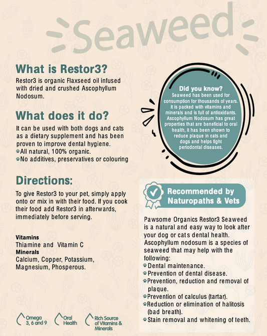 Restor3 Flaxseed Oil Seaweed For Dogs Cats Directions Ingredients