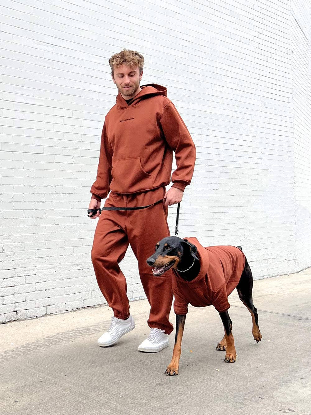 Dog Fleece Hoodie Red Brown Matching Set Happy