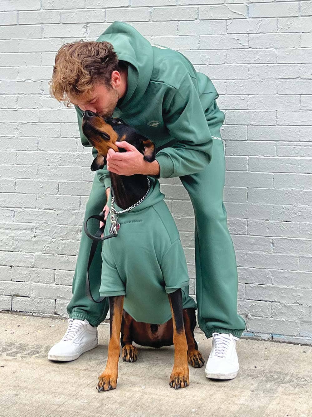 Dog Fleece Hoodie Green Matching Set Man Affection
