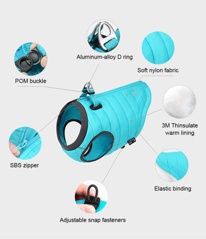 Warm Winter Puffer Dog Jacket Blue Features