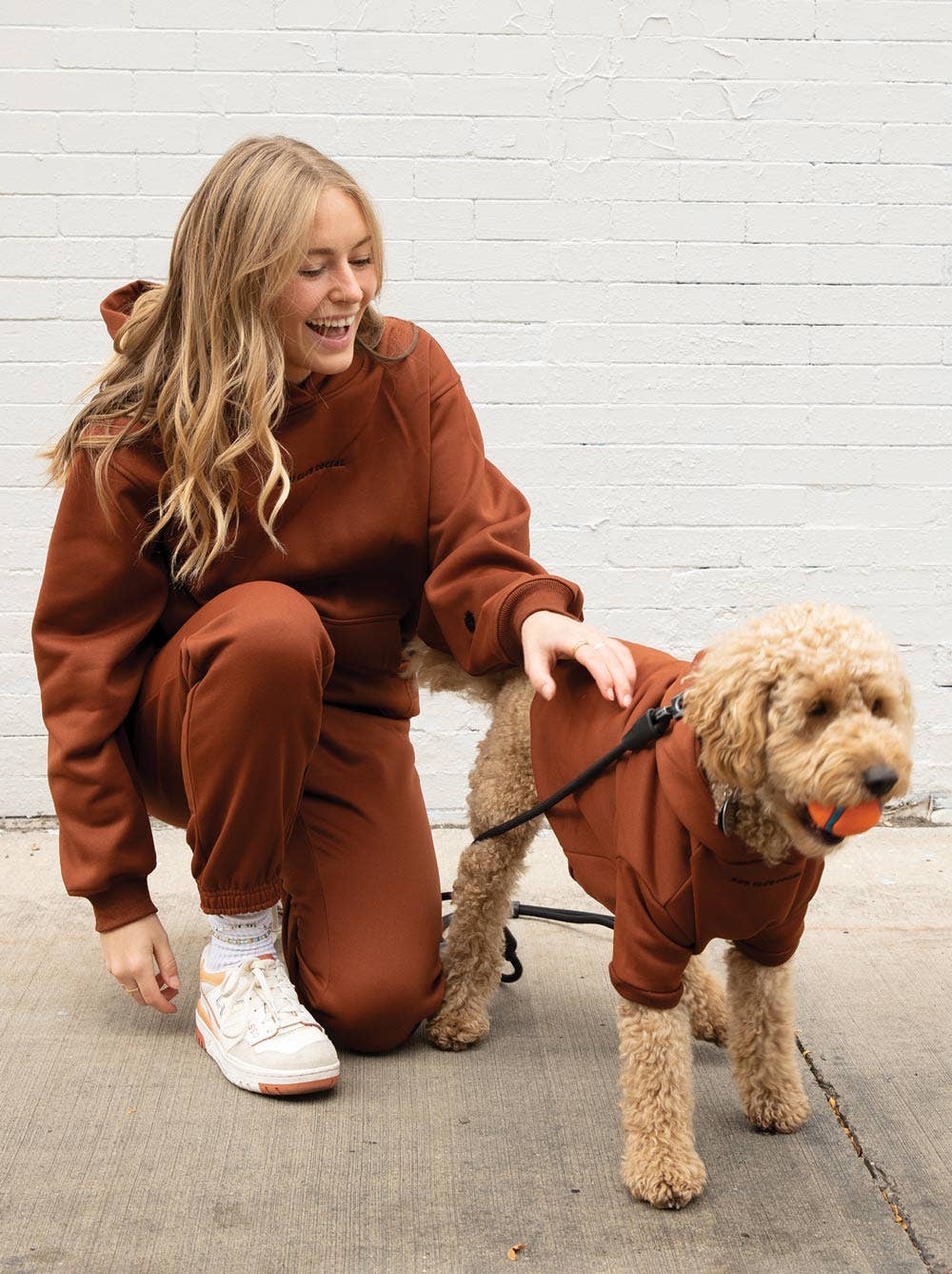 Dog Fleece Hoodie Red Brown Matching Set Close